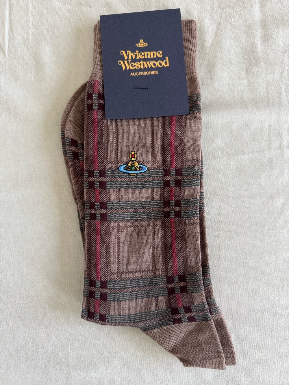 Vivienne Westwood Taupe Plaid Dress Socks with Orb Emblem